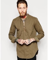 Asos Brand Military Overhead Shirt With Tie Front In Khaki