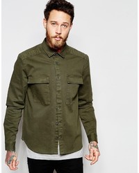 Asos Brand Military Overshirt In Khaki With Long Sleeves