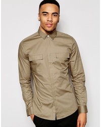 Asos Brand Military Shirt In Skinny Fit Camel With Long Sleeves