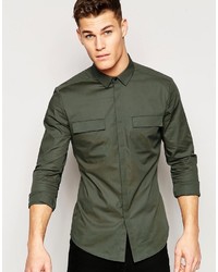 Asos Brand Military Shirt In Skinny Fit Khaki With Long Sleeves