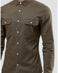 Asos Brand Skinny Military Shirt In Khaki Twill With Long Sleeves