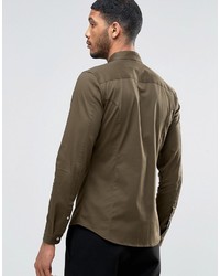 Asos Brand Skinny Military Shirt In Khaki Twill With Long Sleeves