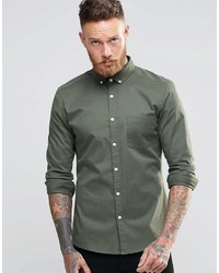 Asos Brand Skinny Shirt In Khaki Twill With Long Sleeves