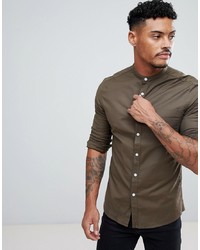 ASOS DESIGN Casual Skinny Oxford Shirt In Khaki With Grandad Collar