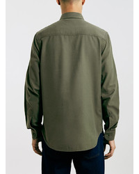 Topman Ltd Olive Herringbone Long Sleeve Shirt