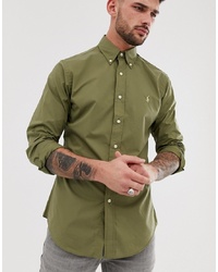 Polo Ralph Lauren Player Logo Poplin Shirt Slim Fit In Olive Green