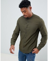 Pull&Bear Shirt In Green With Grandad Collar