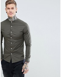 ASOS DESIGN Skinny Shirt With Grandad Collar In Khaki