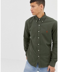 Polo Ralph Lauren Slim Fit Gart Dyed Shirt With Collar In Olive Green