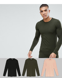 ASOS DESIGN 3 Pack Muscle Fit Longline Long Sleeve Crew Neck T Shirt Save