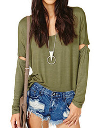 Army Green Long Sleeve Cut Out T Shirt