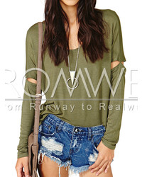 Army Green Long Sleeve Cut Out T Shirt