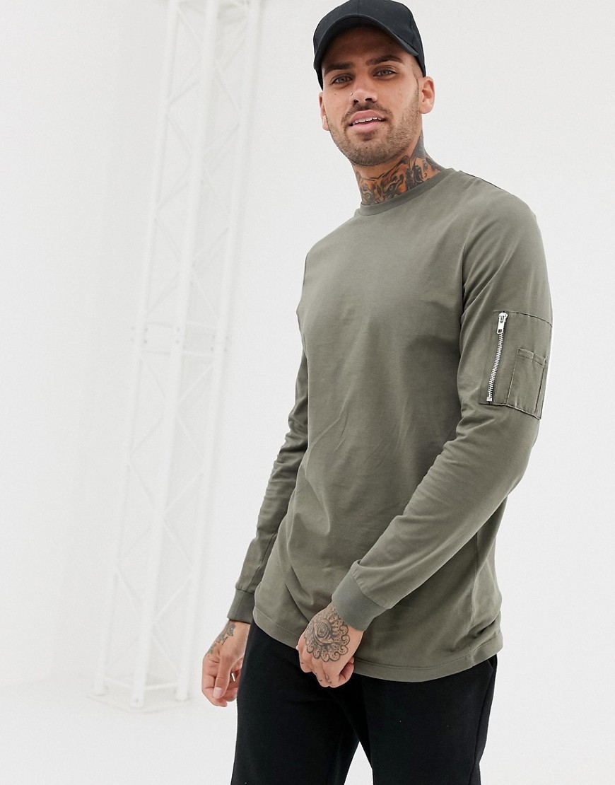 ASOS DESIGN Long Sleeve T Shirt Ma1 Zip Sleeve Pocket In Khaki, $9 | Asos | Lookastic
