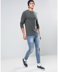 Asos Muscle Long Sleeve T Shirt With Rib Hem And Cuffs In Khaki