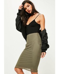 Missguided Khaki Lined Mesh Midi Skirt