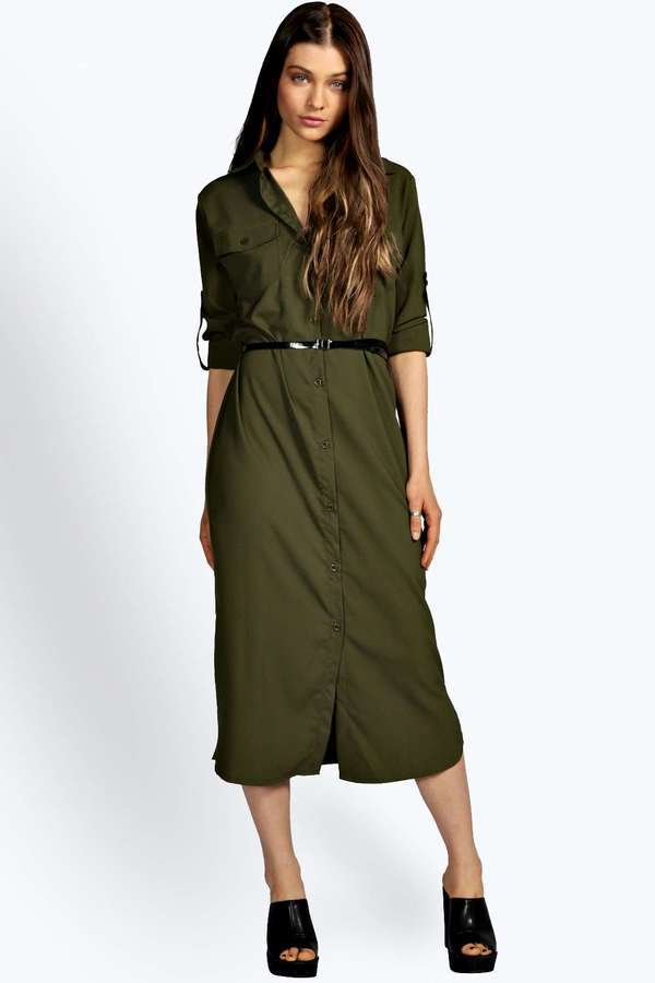 khaki shirt dress midi