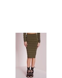 Missguided Knitted Rib Midi Skirt Khaki