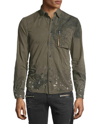 Just Cavalli Distressed Long Sleeve Military Shirt Jacket Olive