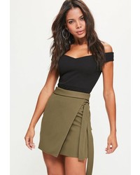 Missguided Khaki Crepe Tie Waist Mini Skirt