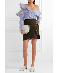 Self-Portrait Lace Paneled Cotton Twill Mini Skirt Army Green