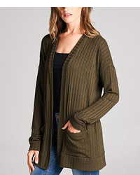 Olive Ribbed Open Cardigan