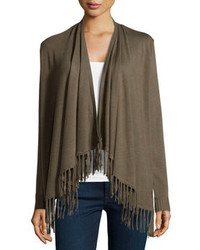Neiman Marcus Open Front Fringed Cardigan Olive