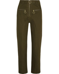 Self-Portrait Belted Cotton Blend Twill Straight Leg Pants Army Green