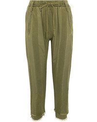 Haider Ackermann Frayed Paneled Jersey And Cotton Twill Track Pants Army Green
