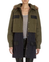 Barneys New York Colorblocked Parka With Faux Fur Hood Multi
