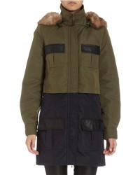 Barneys New York Colorblocked Parka With Faux Fur Hood Multi