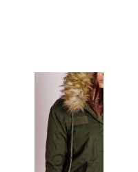 Missguided Fur Hood Short Parka Coat Khakicamel