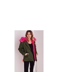 Missguided Fur Hood Short Parka Coat Khakihot Pink