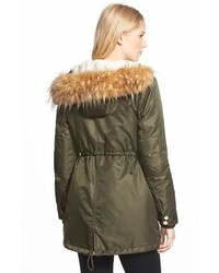 GUESS Hooded Satin Parka With Faux Fur Trim