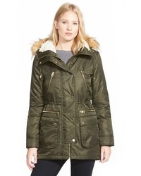 GUESS Hooded Satin Parka With Faux Fur Trim