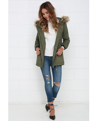 Luck Of The Draw Faux Fur Olive Green Parka Jacket