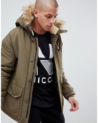 Nicce London Nicce Parka Jacket In Green With Fur Hood