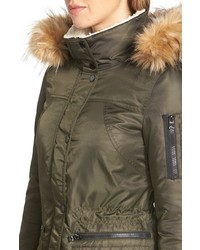 GUESS Satin Flight Parka With Removable Faux Fur Trim Hood Faux Shearling Lining