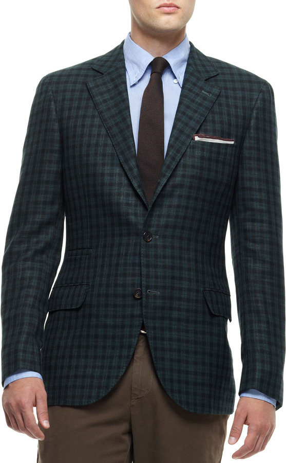 Brunello Cucinelli Daks Plaid Notch Lapel Jacket Green, $2,495 | Neiman ...