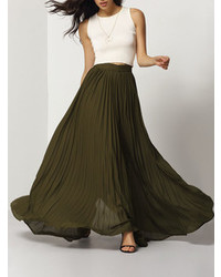 Army Green Pleated Maxi Skirt