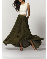 Army Green Pleated Maxi Skirt
