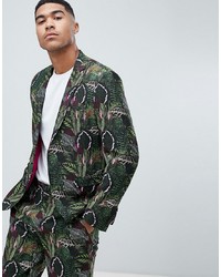 ASOS DESIGN Skinny Suit Jacket In Green Botanical Print In Linen Look