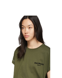 Balmain Khaki Flocked Logo T Shirt