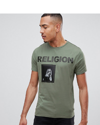 Religion Muscle Fit T Shirt In Green With Patch Print