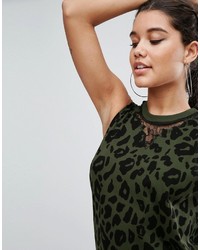 Asos Sleeveless T Shirt Dress With Lace Inserts In Khaki Leopard Print