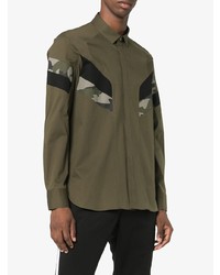 Neil Barrett Green Camouflage Panelled Cotton Blend Shirt