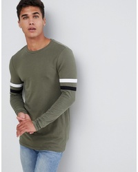 ASOS DESIGN Muscle Fit Longline Long Sleeve T Shirt With Sleeve Stripe In Khaki