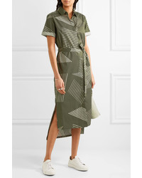 DKNY Printed Cotton Blend Midi Dress Army Green