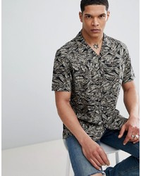 Antony Morato Revere Collar Short Sleeve Shirt In Black With Leaf Print