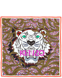 Kenzo New Tiger Head Silk Logo Scarf Olivemulti