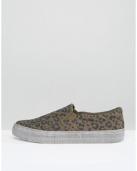 Asos Slip On Sneakers In Khaki Leopard Print With Distressed Sole